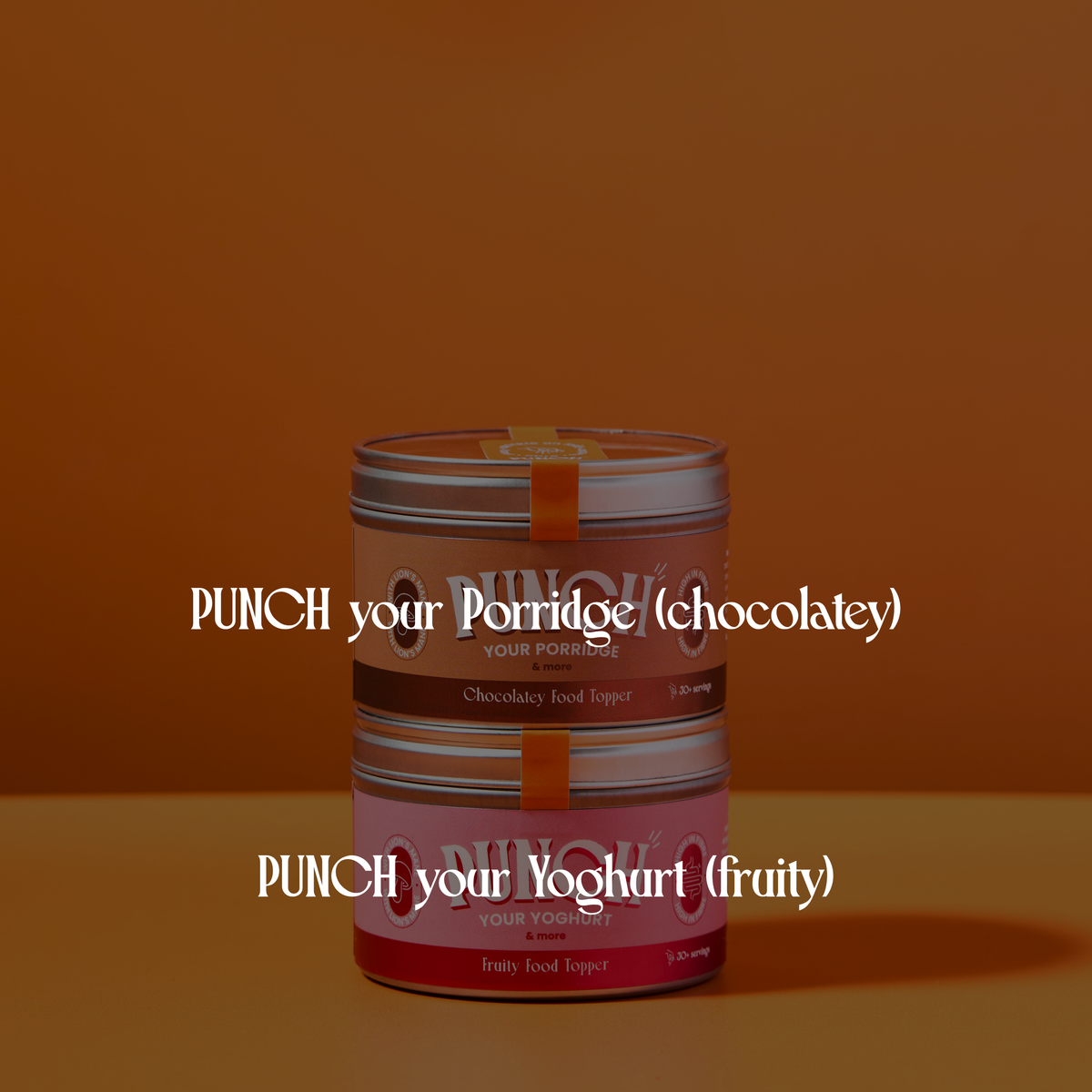 Two containers of 'PUNCH' on an orange background with text.