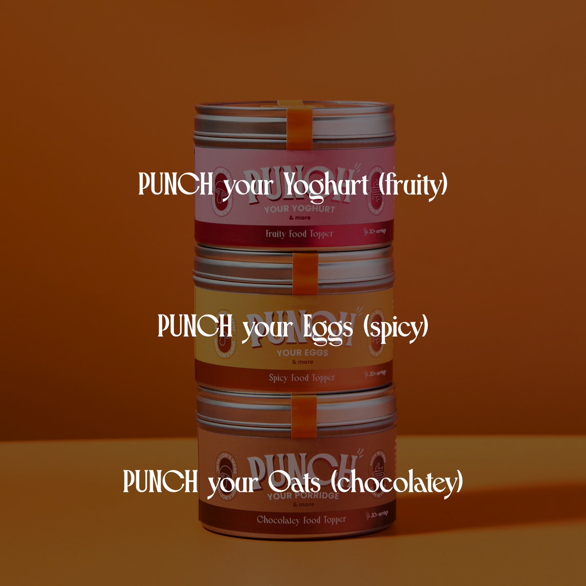 Breakfast with a bang. PUNCH your Eggs, Oats and Yoghurt for eggs, porridge and yoghurt bowls. High fibre, with lion's mane. Free Pocket PUNCH tin.