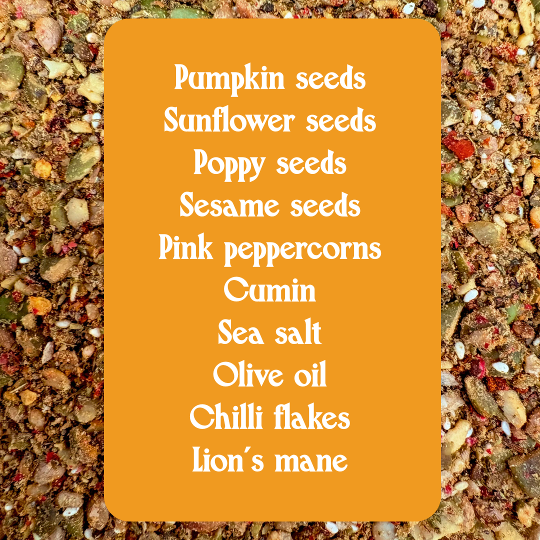 Spice blend with a list of ingredients on an orange card against a textured spice background.