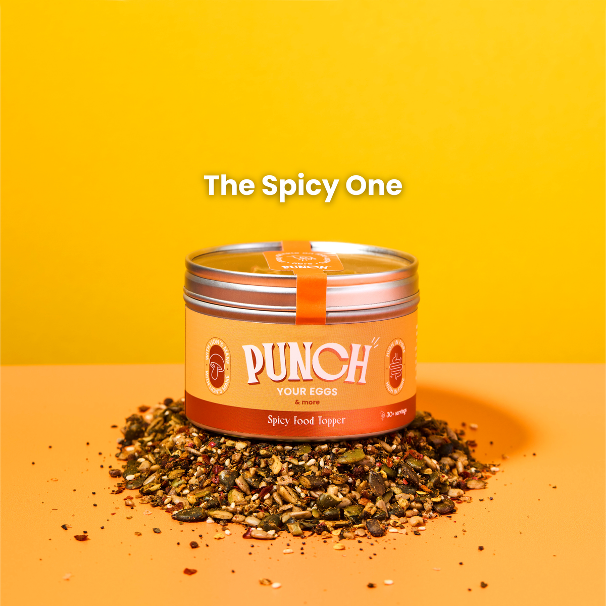 Punch Spicy Food Topper container with spices on a yellow background