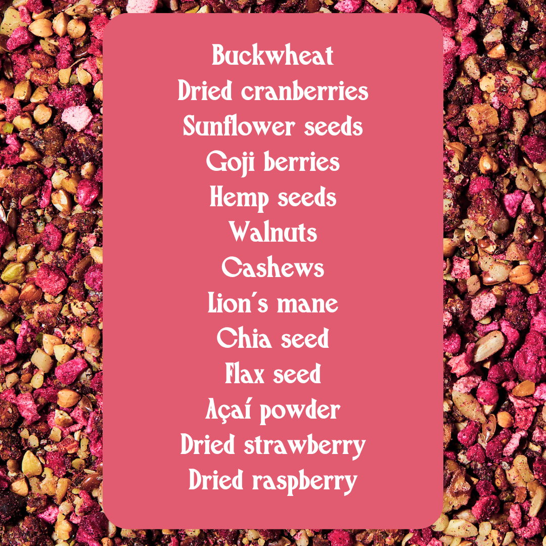 Nuts, seeds, and dried fruits with a pink text box listing ingredients.