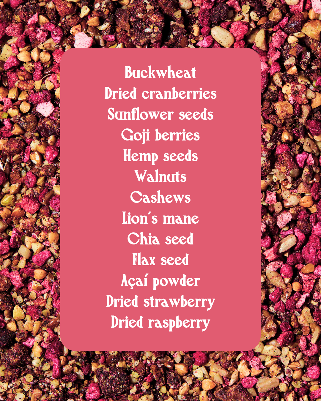 Nuts, seeds, and dried fruits with a pink text box listing ingredients.