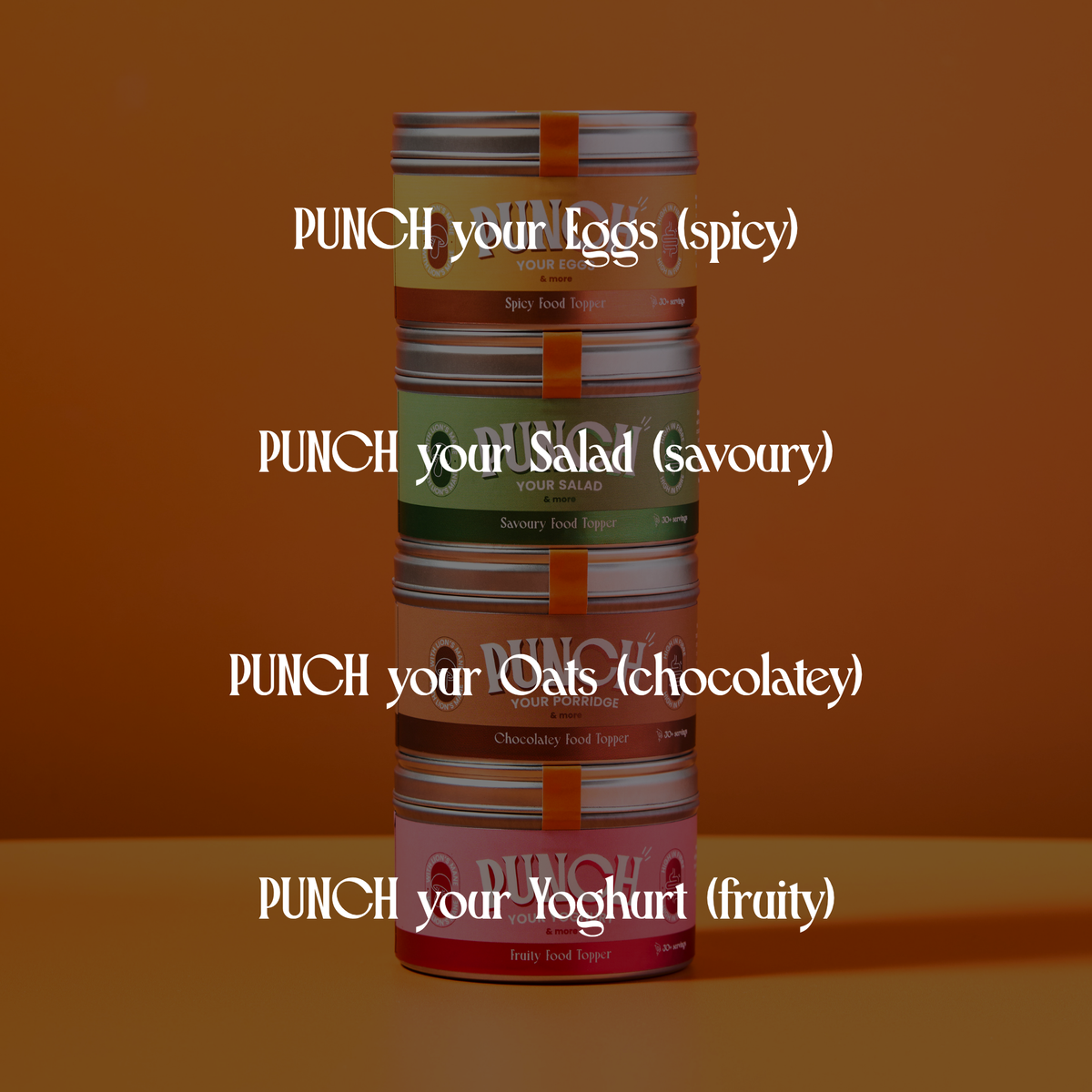 All four PUNCH food toppers: spicy, savoury, chocolatey & fruity. Upgrade breakfast to dinner and save on single pots. Free Pocket PUNCH tin included.