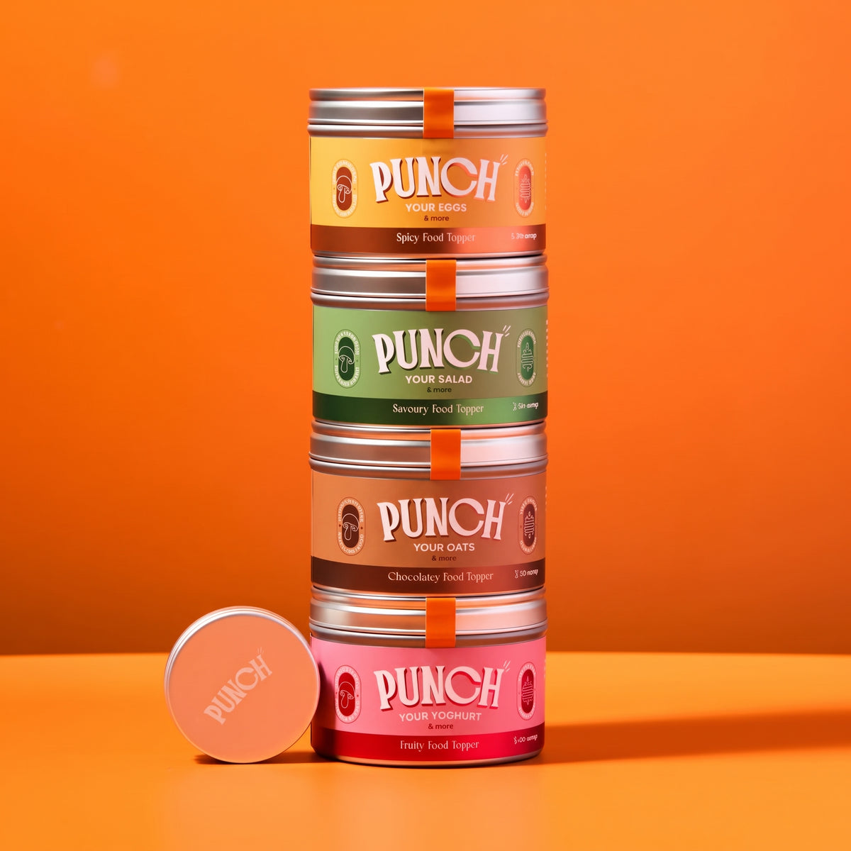 All four PUNCH food toppers: spicy, savoury, chocolatey & fruity. Upgrade breakfast to dinner and save on single pots. Free Pocket PUNCH tin included.