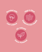 Pink background with health benefits text and icons on a pink background