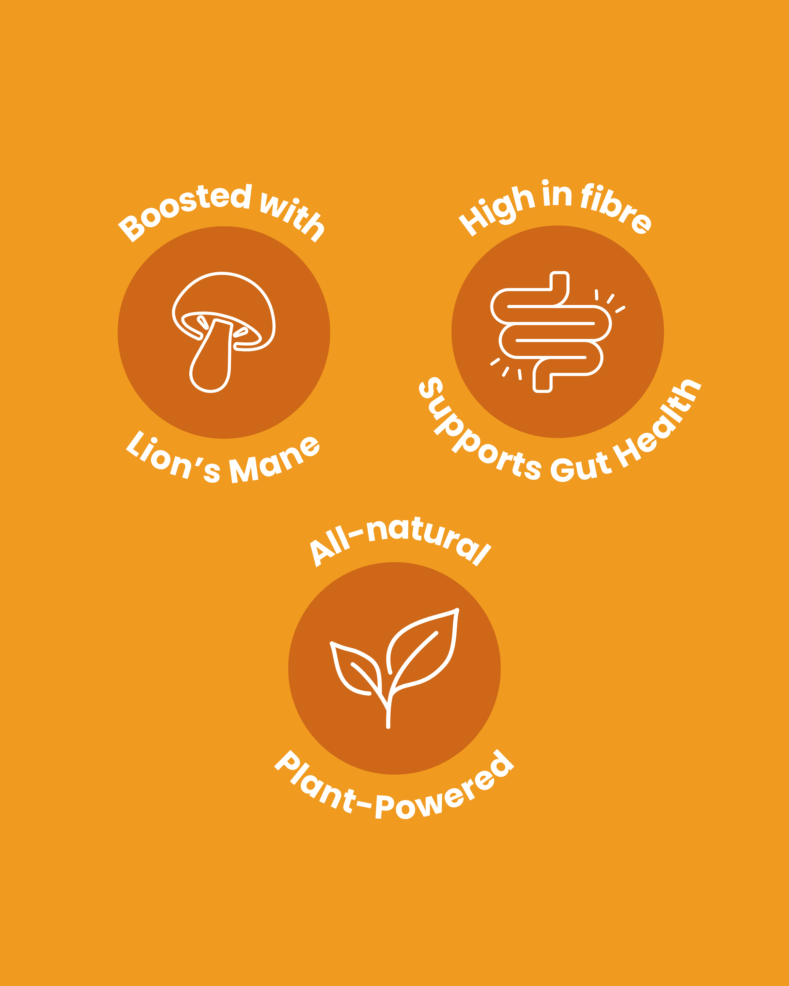 Orange background with health benefits text and icons for Lion's Mane, fiber, gut health, and plant power.