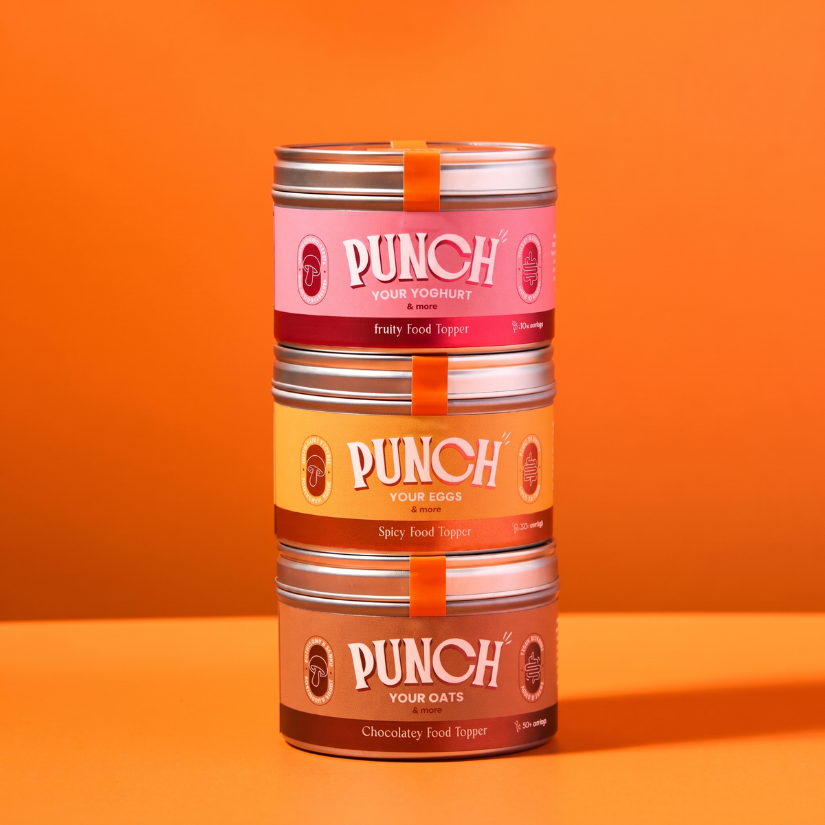 Breakfast with a bang. PUNCH your Eggs, Oats and Yoghurt for eggs, porridge and yoghurt bowls. High fibre, with lion's mane. Free Pocket PUNCH tin.