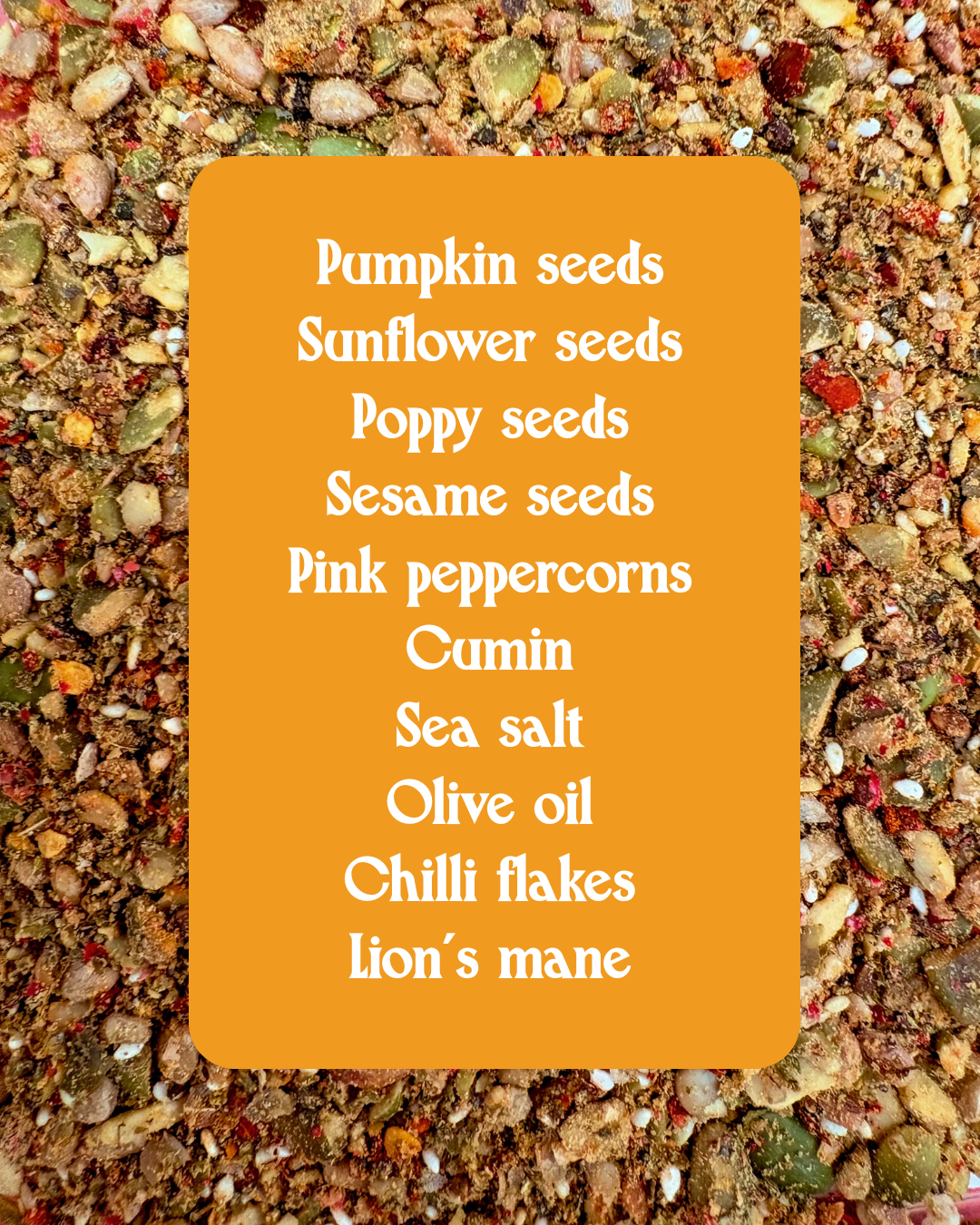 Spice blend with a list of ingredients on an orange card against a textured spice background.
