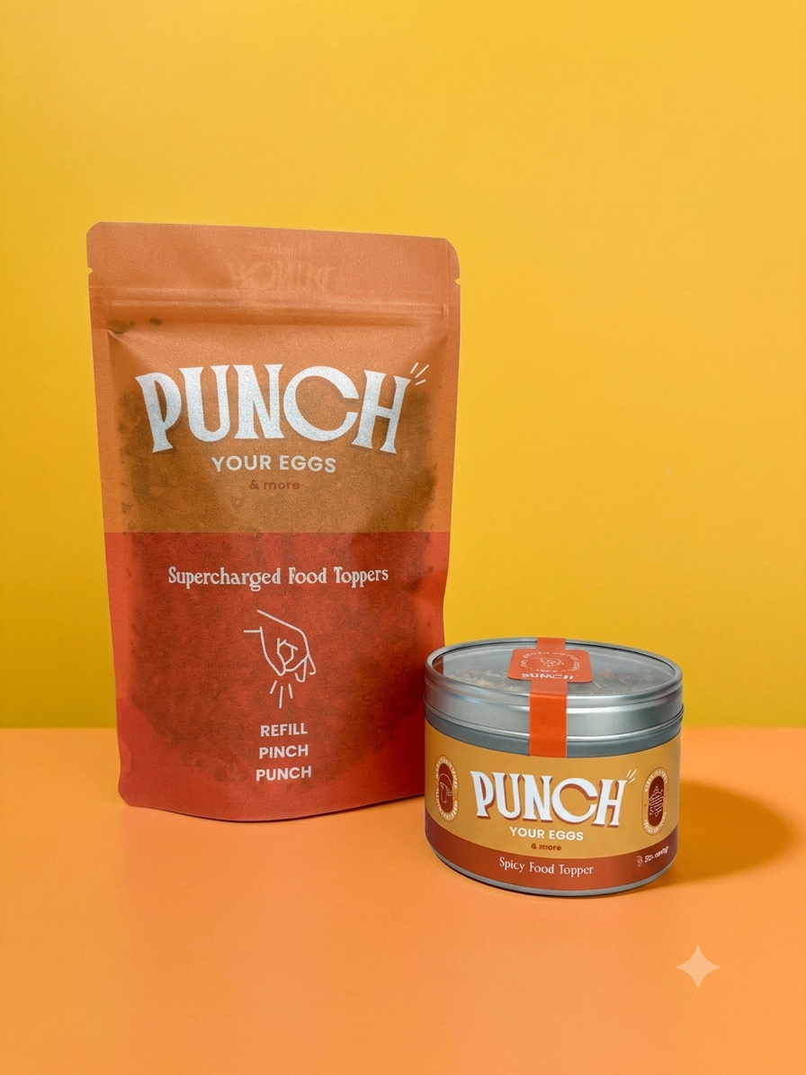 A pouch and a tin of PUNCH Your Eggs Supercharged Food Toppers on a two-toned yellow and orange background.