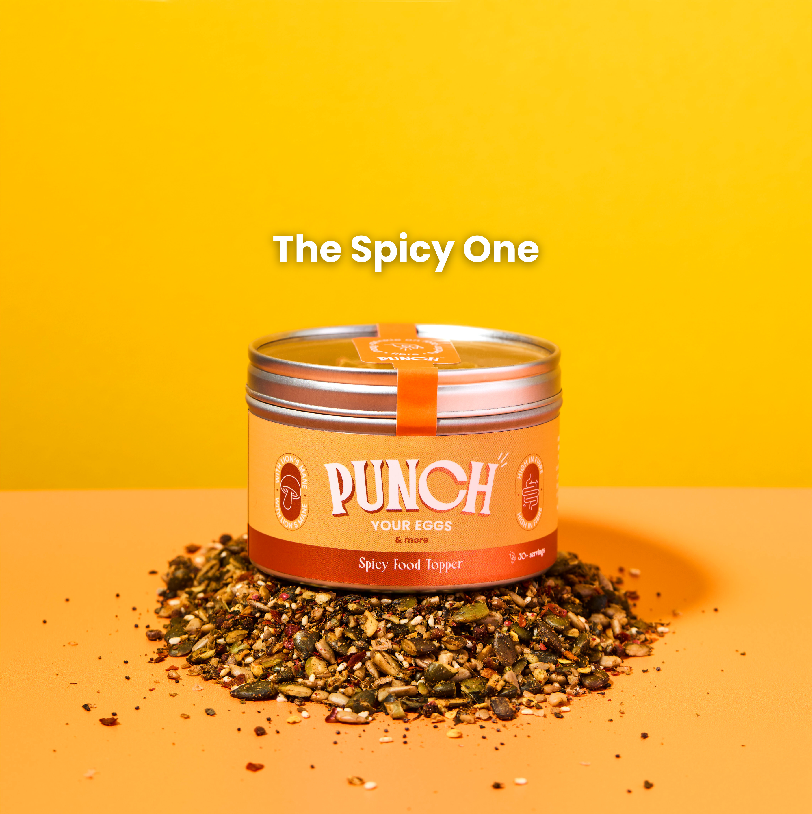 Punch Spicy Food Topper container with spices on a yellow background