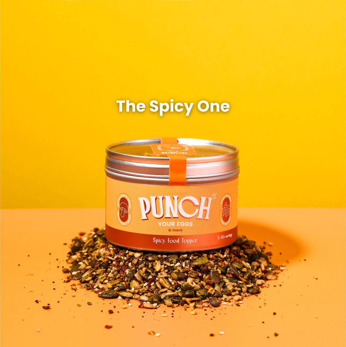 Punch Spicy Food Topper container with spices on a yellow background
