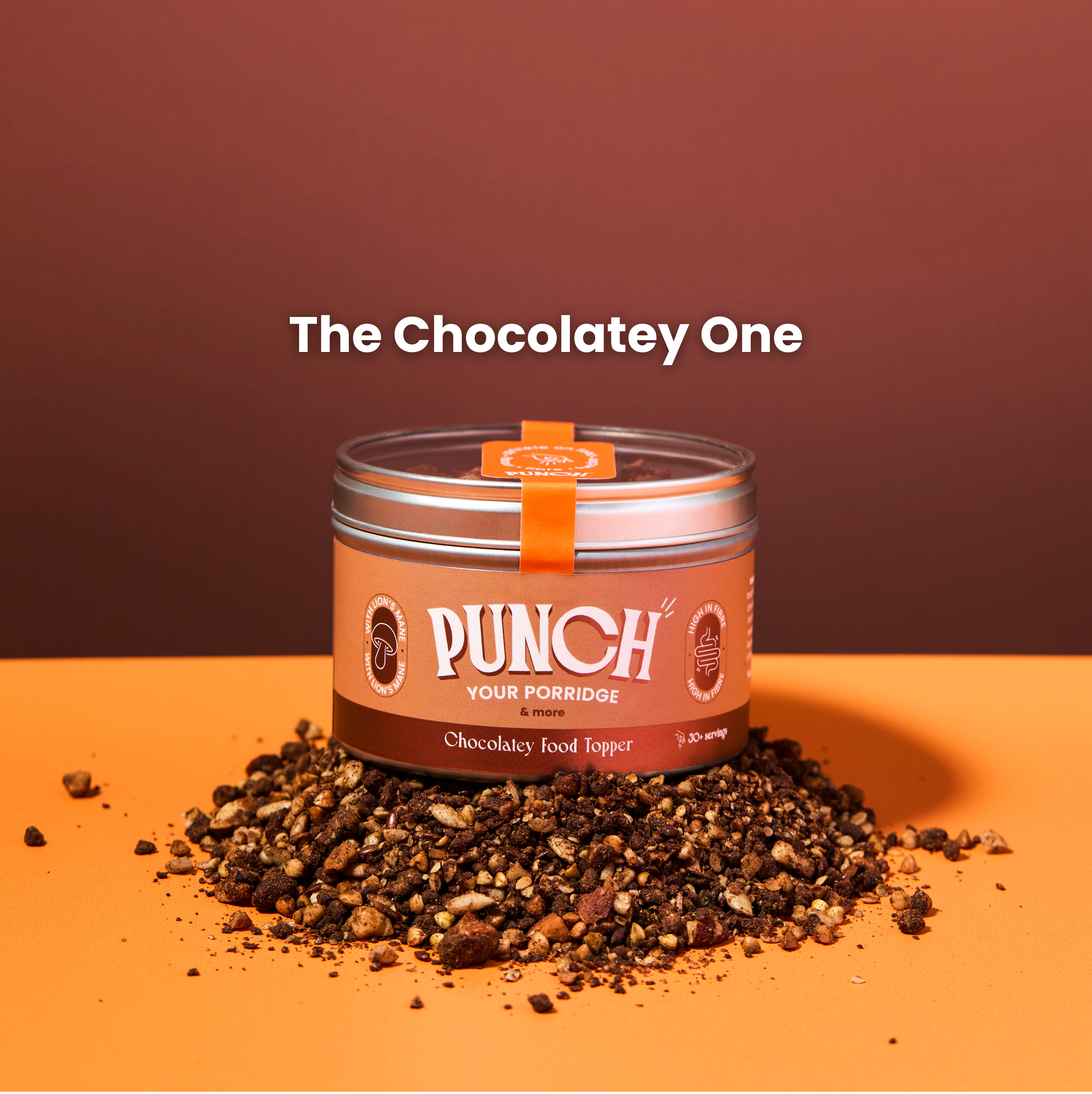 Punch chocolatey food topper jar on a brown background