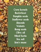 List of ingredients on a green card with a background of various seeds and nuts.