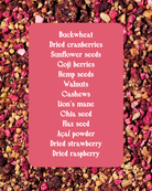 Nuts, seeds, and dried fruits with a pink text box listing ingredients.